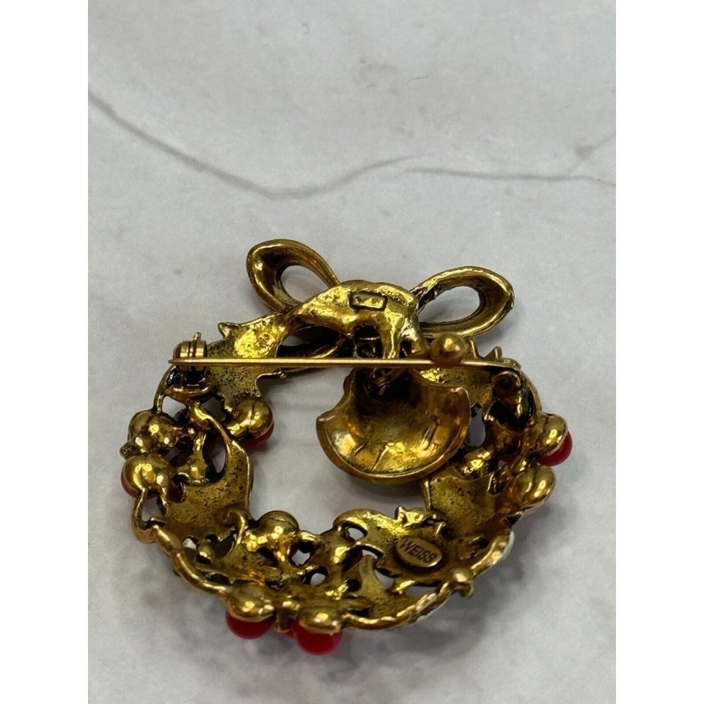 Vintage Weiss Enamel Wreath Golden Bell Christamas Brooch - Picture 5 of 7